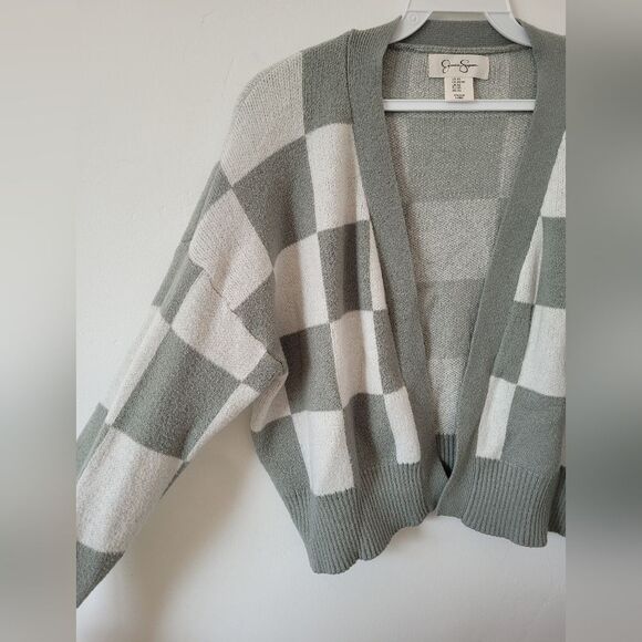 Jessica Simpson Checkered Cardigan Sage Green White Soft Cropped Oversized XS - Picture 2 of 9